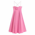 Sexy Women sleeveless Maxi Dress Pink  Summer Fashion Pleated Spaghetti Strap dresses High waist Vestidos Beach INKEO 9D156
