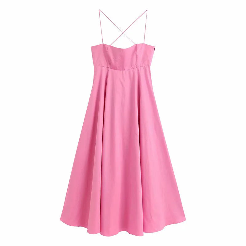 Sexy Women sleeveless Maxi Dress Pink  Summer Fashion Pleated Spaghetti Strap dresses High waist Vestidos Beach INKEO 9D156