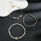 Women's Bohemian Style Beach Vacation Ankle Chains Three-Layer Foot Accessories with Rice Pearls Seashells And Starfish