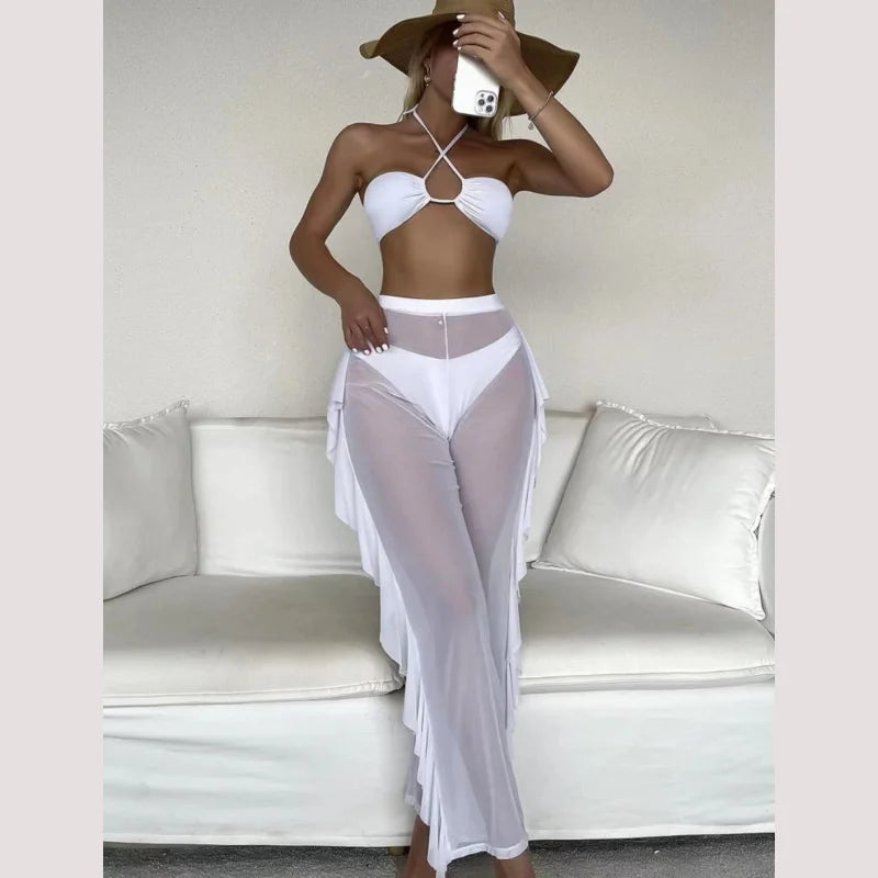 Bikini And Cover Up Set Plain Criss Cross Halter With Ruffle Pants Bandeau Swimsuit Women 2024 Black/White Swimwear Bathing Suit