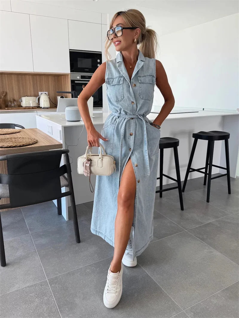 Trendy Women's Summer Lace up Denim Dresses Sleevess Single Breasted Long Dress Female Vintage Washed Casual Beach Streetwear