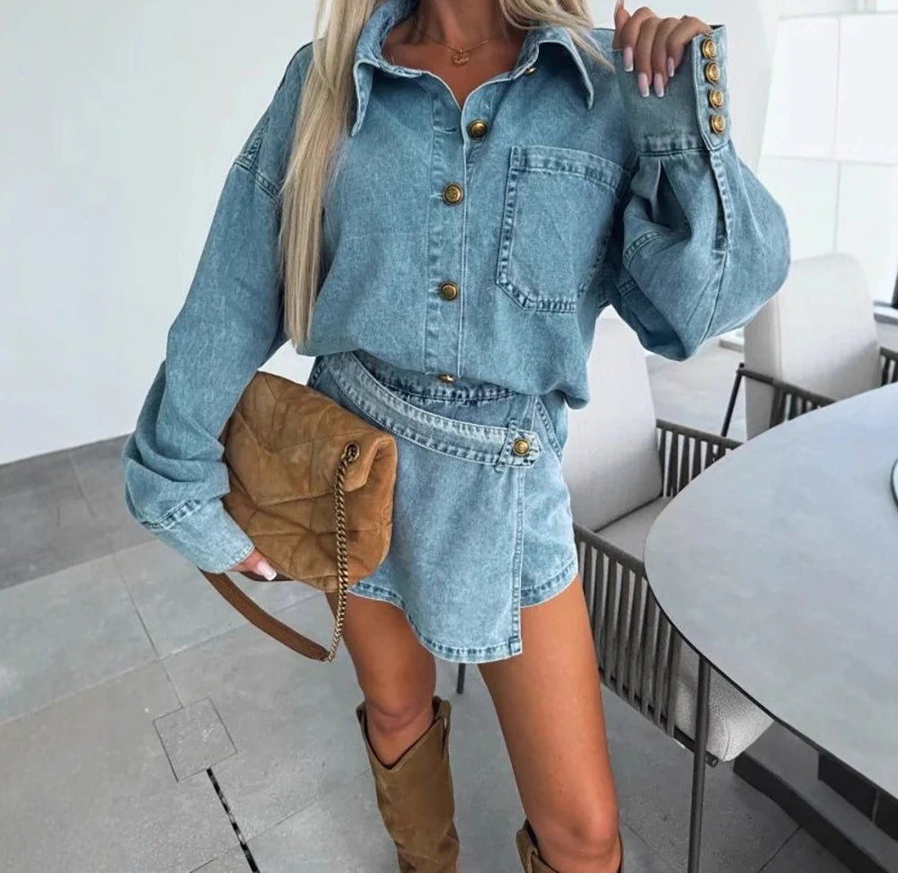 2025 Women's New Denim Asymmetrical Midi Two-Piece Pant Skirt Set