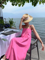 Sexy Women sleeveless Maxi Dress Pink  Summer Fashion Pleated Spaghetti Strap dresses High waist Vestidos Beach INKEO 9D156