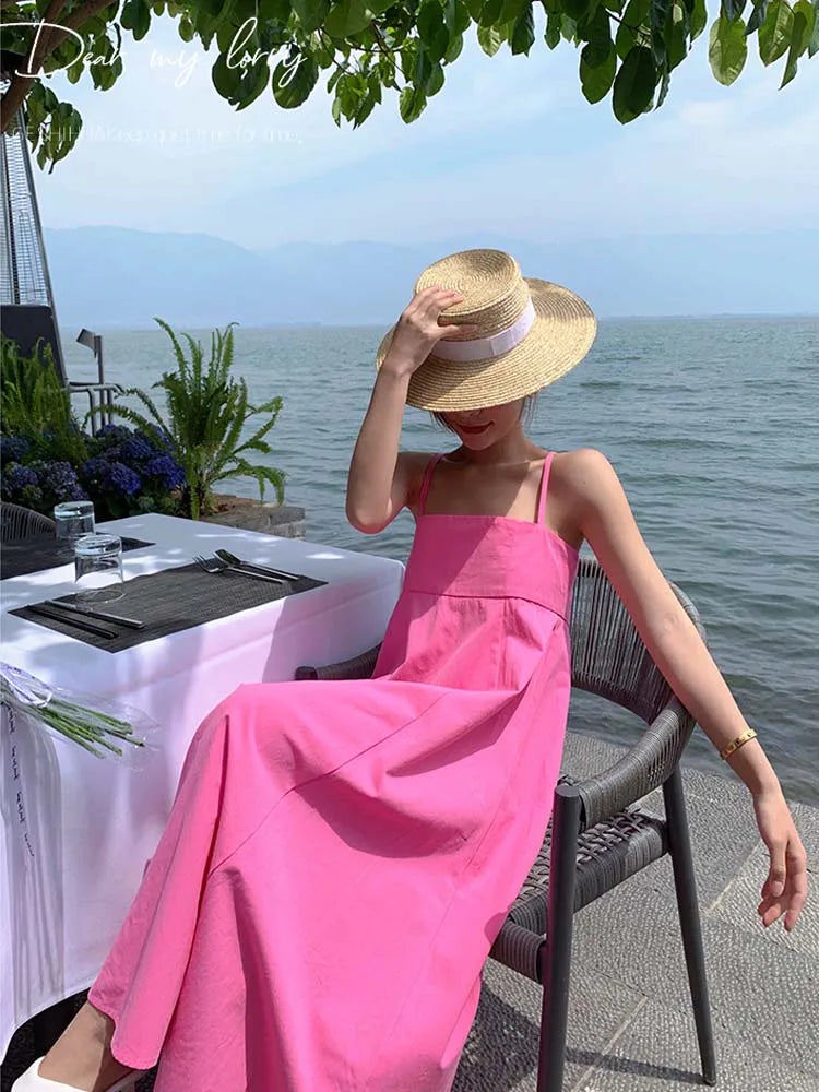 Sexy Women sleeveless Maxi Dress Pink  Summer Fashion Pleated Spaghetti Strap dresses High waist Vestidos Beach INKEO 9D156