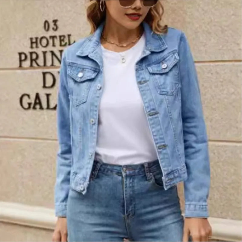 Women's Denim Jacket New Lapel Solid Button Down Chest Pocket Spring Autumn Streetwear Casual Jean Jacke Coat Woman Outerwear