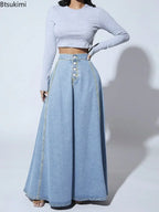 2026 Women's Fashion Denim Skirt Single-breasted Design High Waist A-line Maxi Skirt Vintage Casual Jeans Skirt Women Streetwear