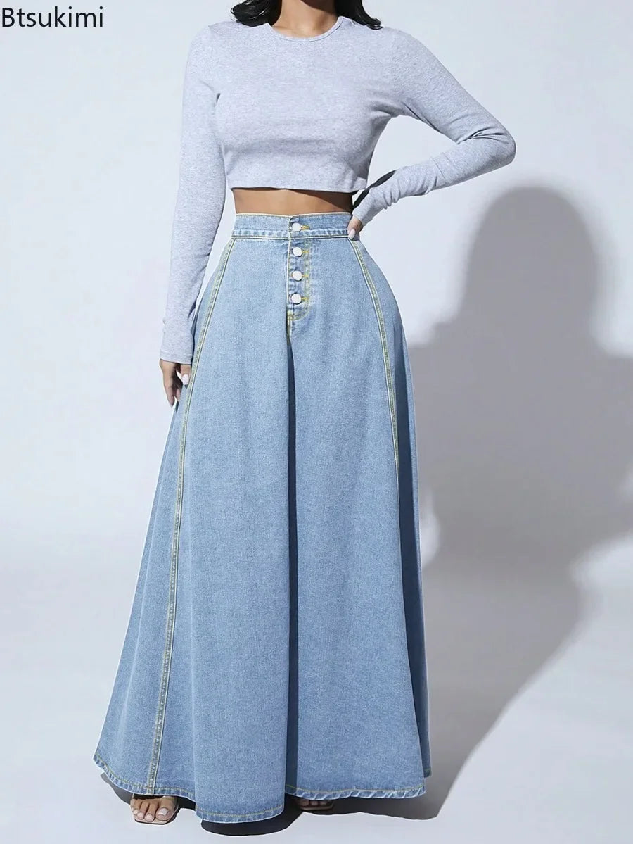 2026 Women's Fashion Denim Skirt Single-breasted Design High Waist A-line Maxi Skirt Vintage Casual Jeans Skirt Women Streetwear