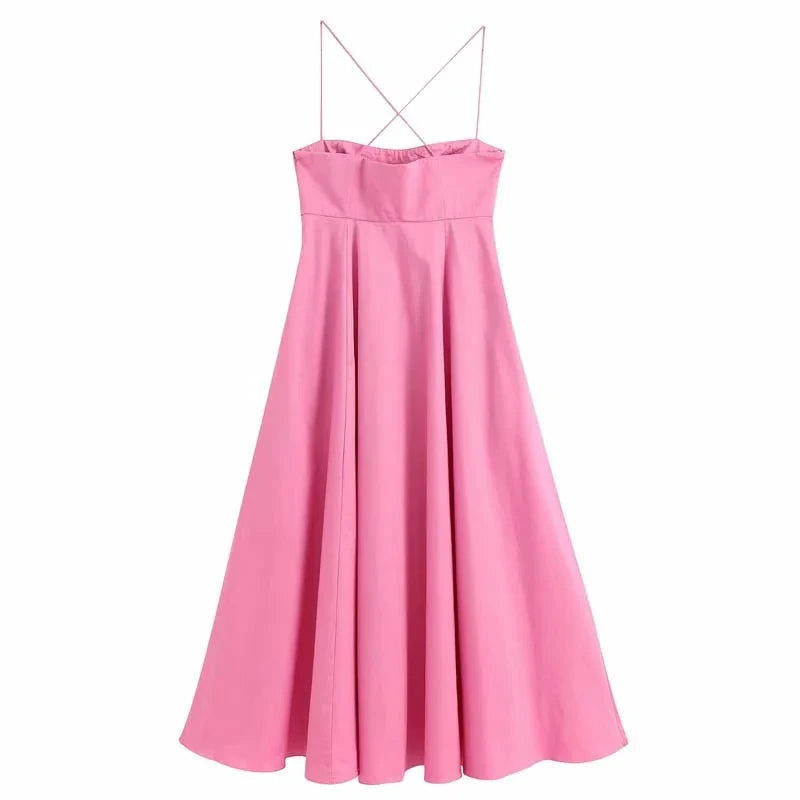 Sexy Women sleeveless Maxi Dress Pink  Summer Fashion Pleated Spaghetti Strap dresses High waist Vestidos Beach INKEO 9D156