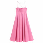 Sexy Women sleeveless Maxi Dress Pink  Summer Fashion Pleated Spaghetti Strap dresses High waist Vestidos Beach INKEO 9D156