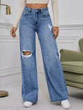 Women's non-stretch denim trousers, straight loose wide legs, ripped design, comfortable fabric, suitable for wearing outside.