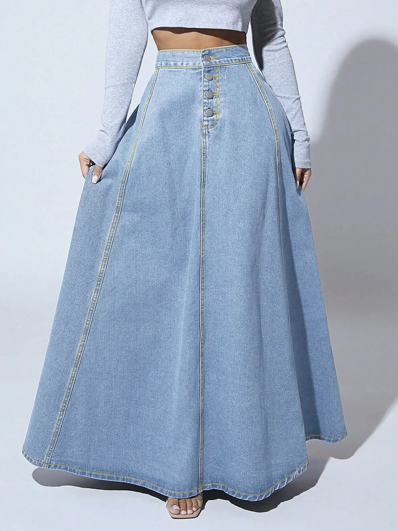2026 Women's Fashion Denim Skirt Single-breasted Design High Waist A-line Maxi Skirt Vintage Casual Jeans Skirt Women Streetwear