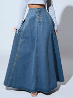 2026 Women's Fashion Denim Skirt Single-breasted Design High Waist A-line Maxi Skirt Vintage Casual Jeans Skirt Women Streetwear