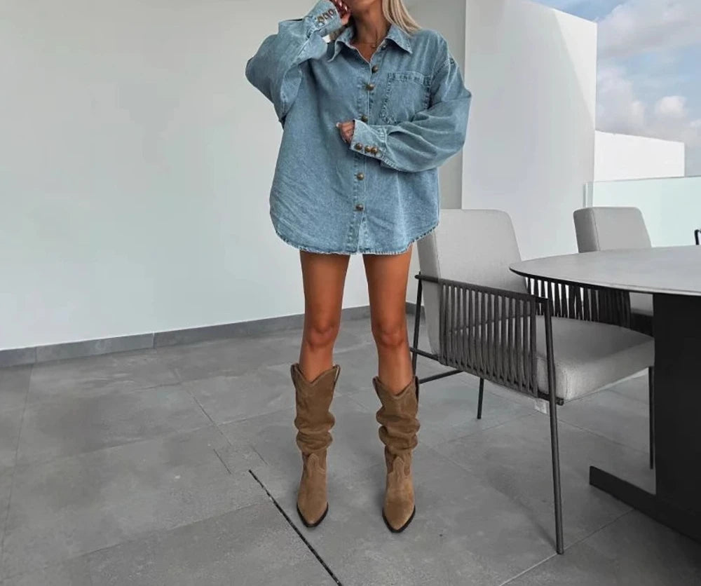 2025 Women's New Denim Asymmetrical Midi Two-Piece Pant Skirt Set