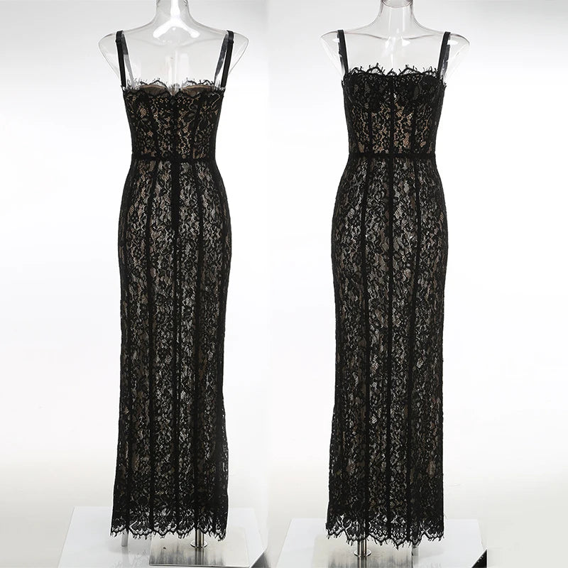 Black Lace Patwork Sleeveless Maxi Dress for Women 2025 Summer Sexy Bodycon Party Dresses Fashion Summer Celebrity Club Wear