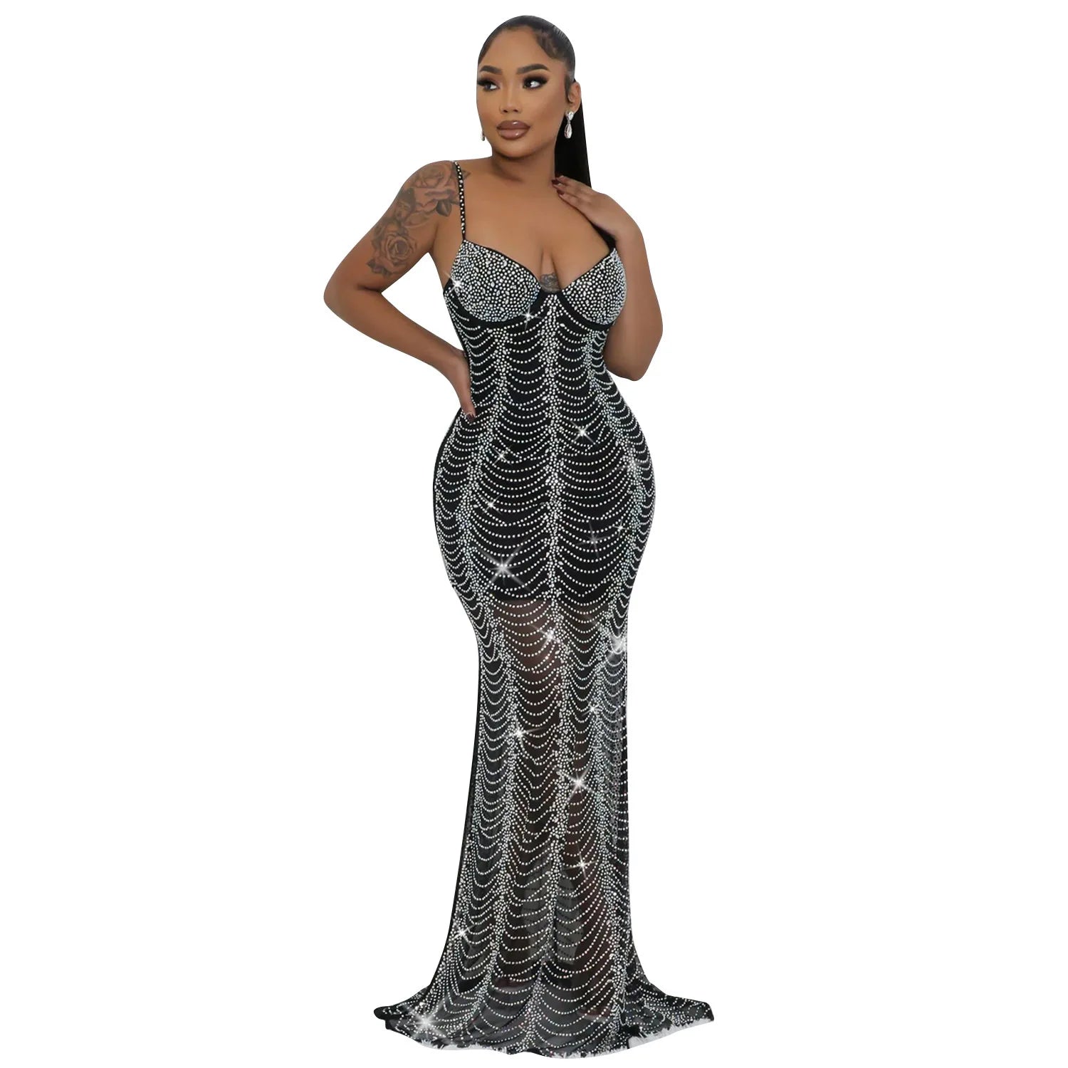 CM.YAYA Spring 2024 Sexy Mesh Rhinestone See Through Sleeveless V-Neck Sexy Birthday Evening Party Dress Long Strap Maxi Dresses