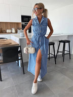 Trendy Women's Summer Lace up Denim Dresses Sleevess Single Breasted Long Dress Female Vintage Washed Casual Beach Streetwear