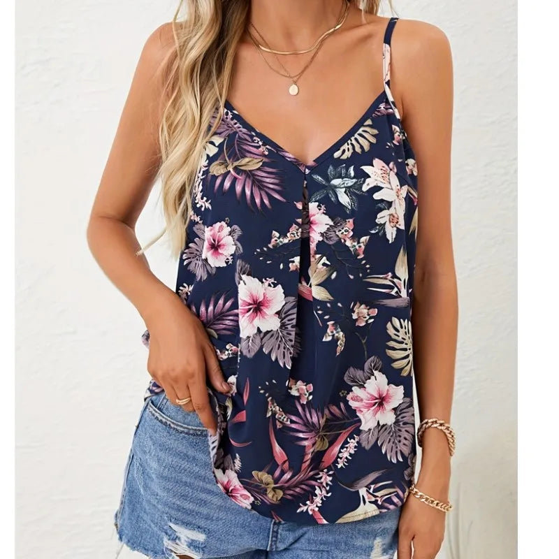 Summer Elegant Camis For Women Fashion Casual Loose New Floral Printing V Neck Sexy Tank Tops Female's Clothing Sleeveless 2024