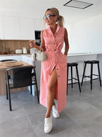 Trendy Women's Summer Lace up Denim Dresses Sleevess Single Breasted Long Dress Female Vintage Washed Casual Beach Streetwear