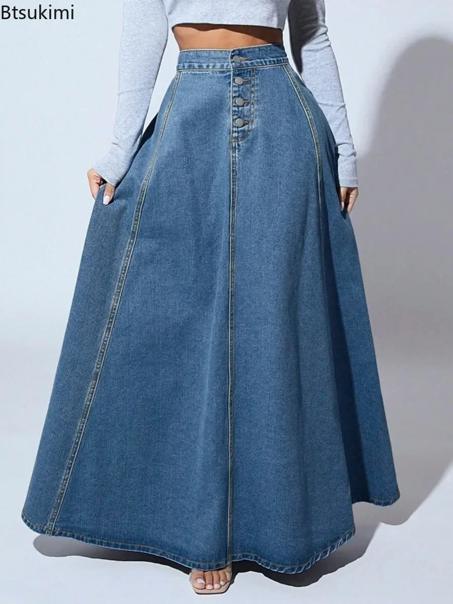 2026 Women's Fashion Denim Skirt Single-breasted Design High Waist A-line Maxi Skirt Vintage Casual Jeans Skirt Women Streetwear