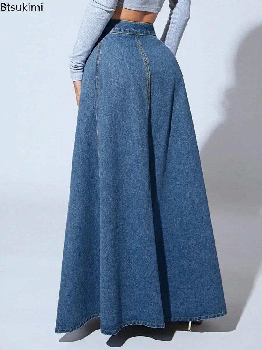 2026 Women's Fashion Denim Skirt Single-breasted Design High Waist A-line Maxi Skirt Vintage Casual Jeans Skirt Women Streetwear
