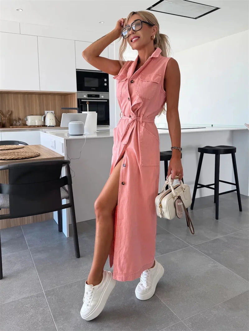 Trendy Women's Summer Lace up Denim Dresses Sleevess Single Breasted Long Dress Female Vintage Washed Casual Beach Streetwear