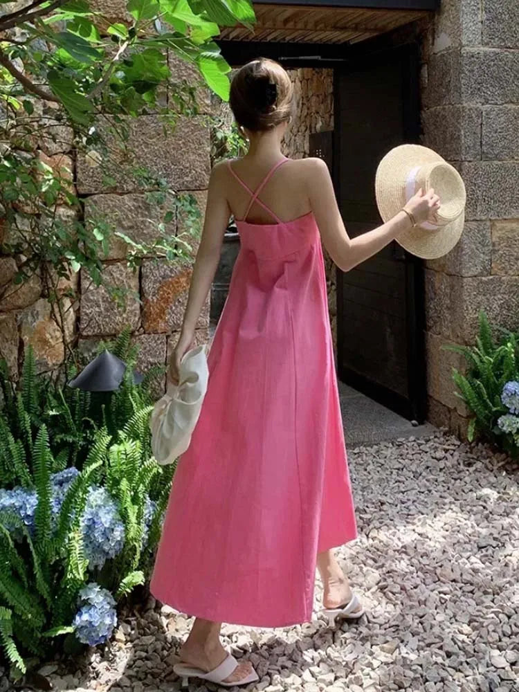 Sexy Women sleeveless Maxi Dress Pink  Summer Fashion Pleated Spaghetti Strap dresses High waist Vestidos Beach INKEO 9D156