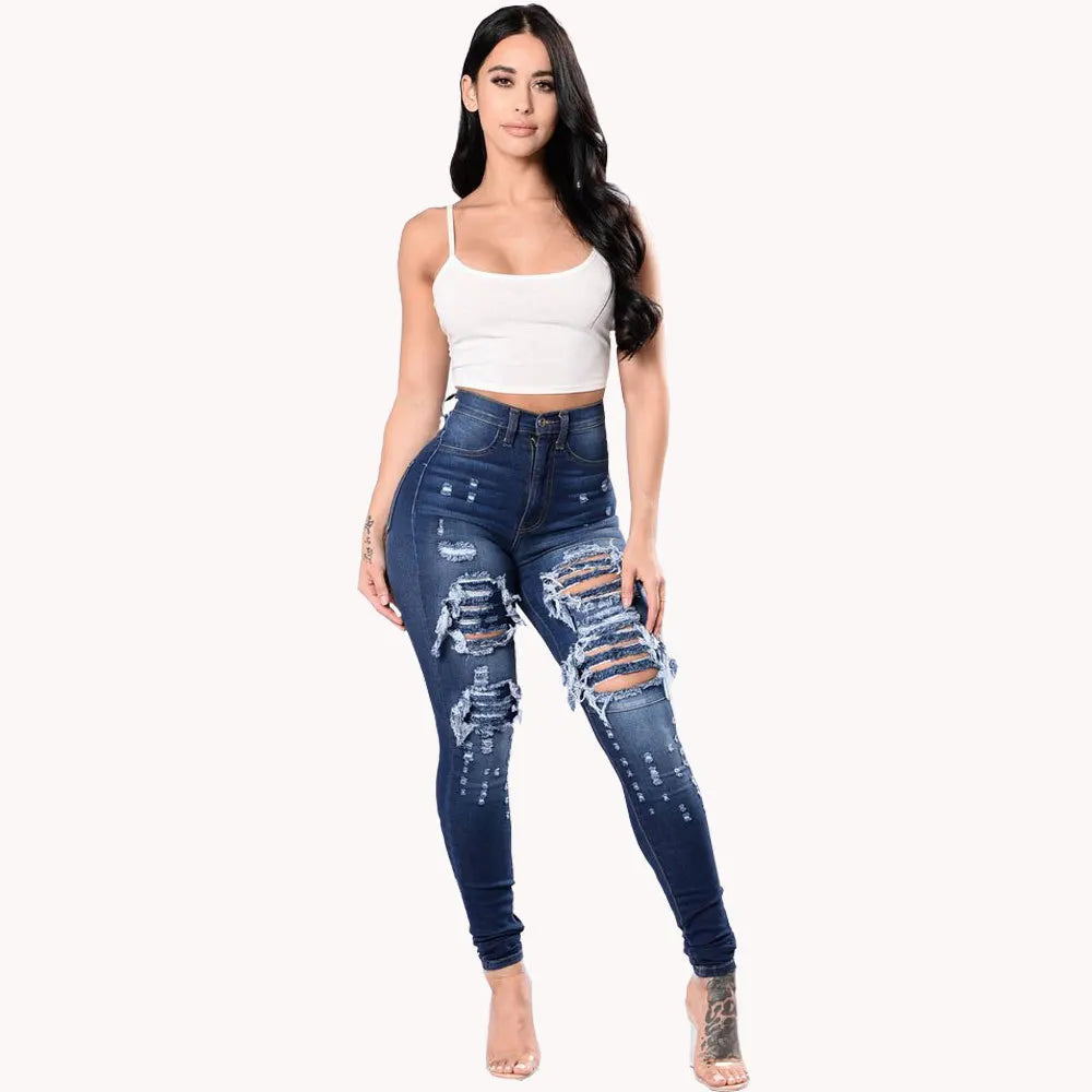 New Designer Denim Women 2025 High Waist Ripped Jeans for Women Skinny Black White Jeans Woman Elastic Slim Jean Female Femme