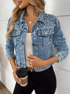 Women's Trendy Beaded Denim Jacket for Spring And Autumn New Fashion Casual Outerwear