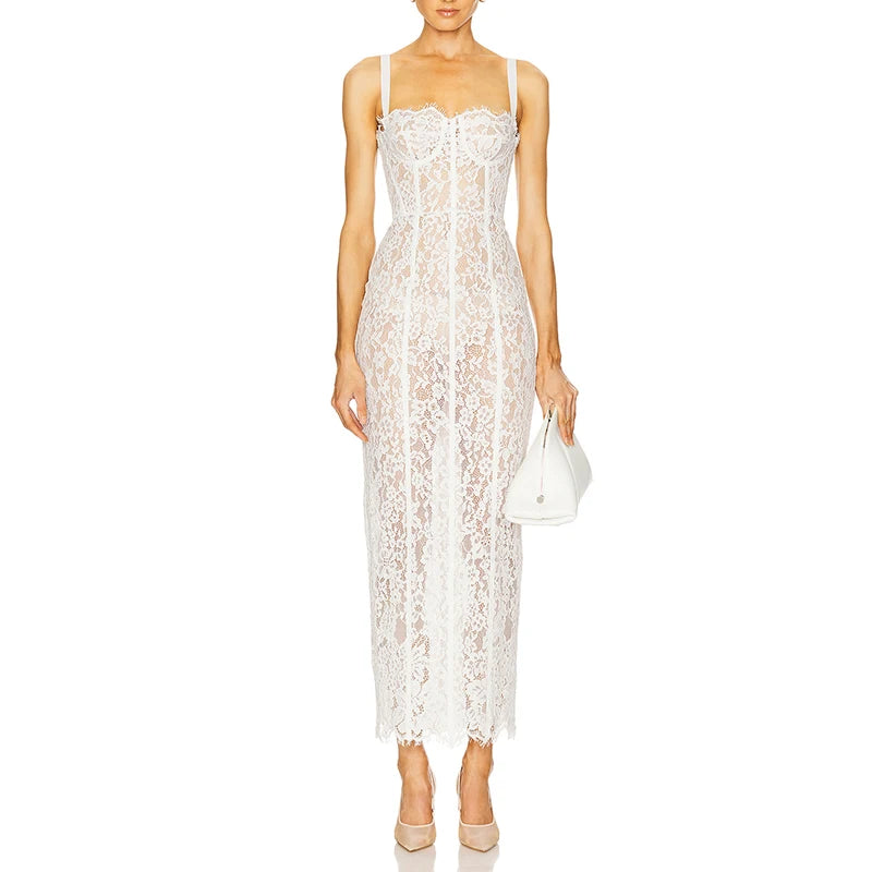 Black Lace Patwork Sleeveless Maxi Dress for Women 2025 Summer Sexy Bodycon Party Dresses Fashion Summer Celebrity Club Wear