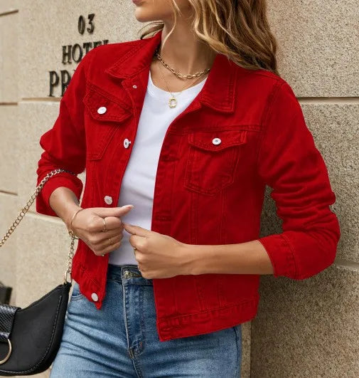 Women's Denim Jacket New Lapel Solid Button Down Chest Pocket Spring Autumn Streetwear Casual Jean Jacke Coat Woman Outerwear