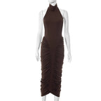 TARUXY Halter Pleated Maxi Dress For Women Sleeveless Sexy Backless Dress High Street Evening Party Clothes Bodycon Fashion