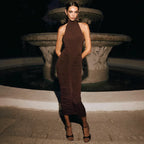 TARUXY Halter Pleated Maxi Dress For Women Sleeveless Sexy Backless Dress High Street Evening Party Clothes Bodycon Fashion