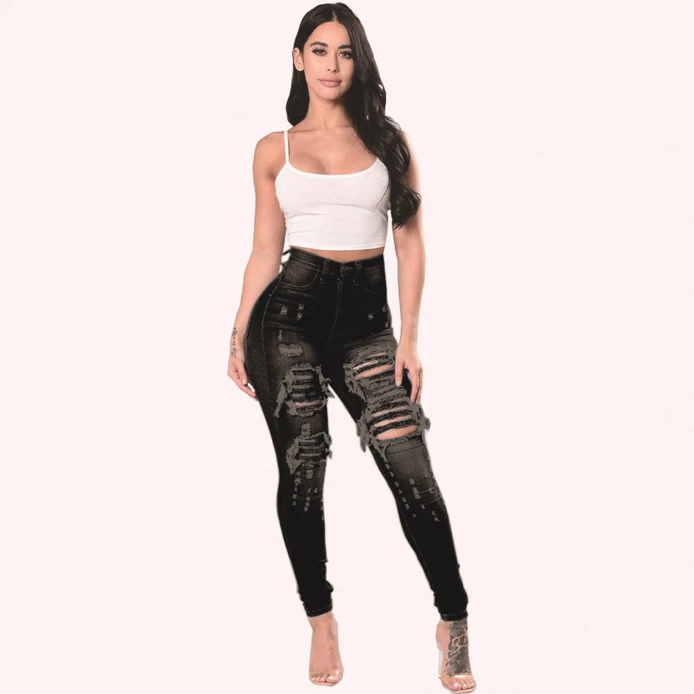 New Designer Denim Women 2025 High Waist Ripped Jeans for Women Skinny Black White Jeans Woman Elastic Slim Jean Female Femme