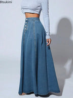 2026 Women's Fashion Denim Skirt Single-breasted Design High Waist A-line Maxi Skirt Vintage Casual Jeans Skirt Women Streetwear