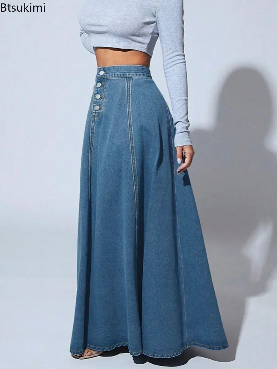 2026 Women's Fashion Denim Skirt Single-breasted Design High Waist A-line Maxi Skirt Vintage Casual Jeans Skirt Women Streetwear
