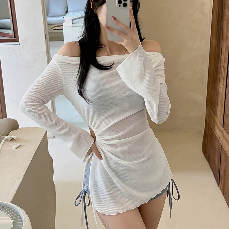 Women's 3-Piece Bikini Set White Off-Shoulder Long Sleeve Cover Up Blue Ombre Tie Side Shorts Summer Beach Bathing Suit Swimwear