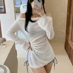 Women's 3-Piece Bikini Set White Off-Shoulder Long Sleeve Cover Up Blue Ombre Tie Side Shorts Summer Beach Bathing Suit Swimwear