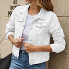 Women's Denim Jacket New Lapel Solid Button Down Chest Pocket Spring Autumn Streetwear Casual Jean Jacke Coat Woman Outerwear
