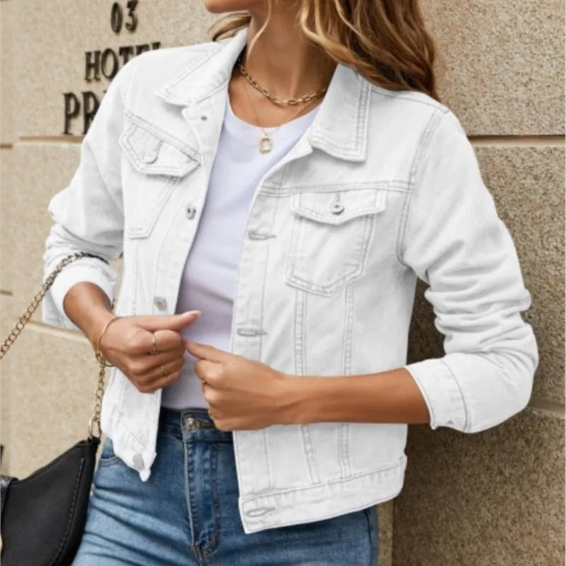Women's Denim Jacket New Lapel Solid Button Down Chest Pocket Spring Autumn Streetwear Casual Jean Jacke Coat Woman Outerwear