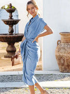 Summer For Women's Denim Blue Shirt Dress Vintage Fashion Button Lapel Wrinkle Lace Up Slim Elegant Female Denim Mid Long Dress