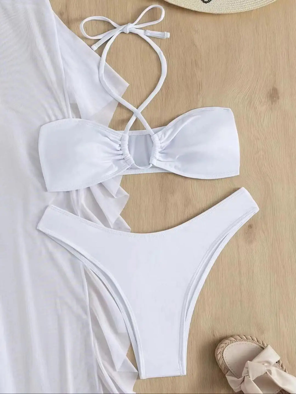 Bikini And Cover Up Set Plain Criss Cross Halter With Ruffle Pants Bandeau Swimsuit Women 2024 Black/White Swimwear Bathing Suit