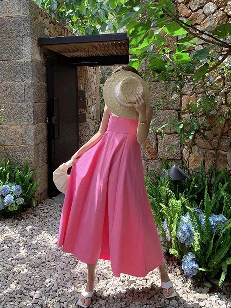 Sexy Women sleeveless Maxi Dress Pink  Summer Fashion Pleated Spaghetti Strap dresses High waist Vestidos Beach INKEO 9D156