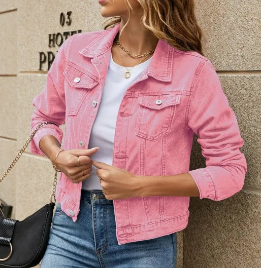 Women's Denim Jacket New Lapel Solid Button Down Chest Pocket Spring Autumn Streetwear Casual Jean Jacke Coat Woman Outerwear