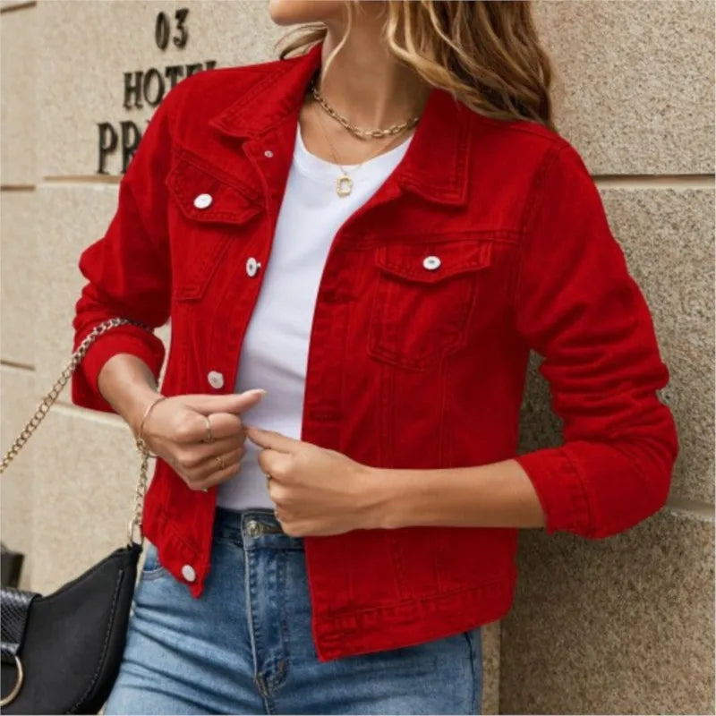 Women's Denim Jacket New Lapel Solid Button Down Chest Pocket Spring Autumn Streetwear Casual Jean Jacke Coat Woman Outerwear