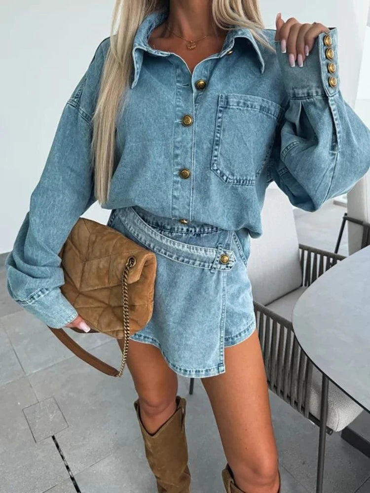2025 Women's New Denim Asymmetrical Midi Two-Piece Pant Skirt Set