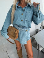 2025 Women's New Denim Asymmetrical Midi Two-Piece Pant Skirt Set