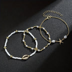 Women's Bohemian Style Beach Vacation Ankle Chains Three-Layer Foot Accessories with Rice Pearls Seashells And Starfish
