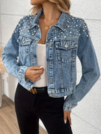 Women's Trendy Beaded Denim Jacket for Spring And Autumn New Fashion Casual Outerwear