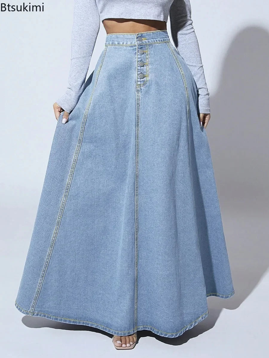 2026 Women's Fashion Denim Skirt Single-breasted Design High Waist A-line Maxi Skirt Vintage Casual Jeans Skirt Women Streetwear