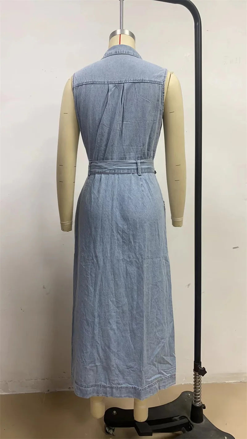 Trendy Women's Summer Lace up Denim Dresses Sleevess Single Breasted Long Dress Female Vintage Washed Casual Beach Streetwear
